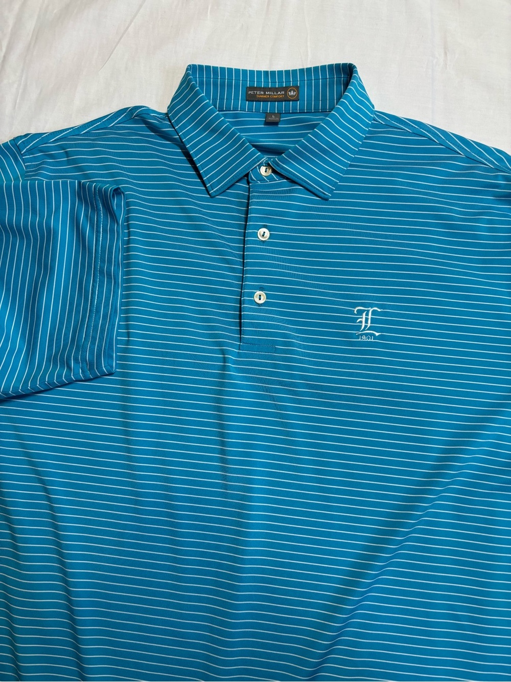 Peter Millar Turquoise and White Thin-Striped Polo
